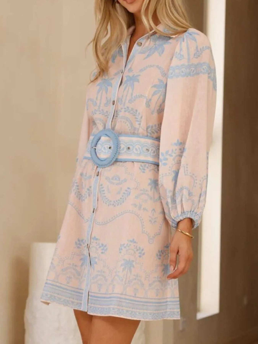 Printed Button Down Shirt Dress with Belt - Trendsi - Flyclothing LLC