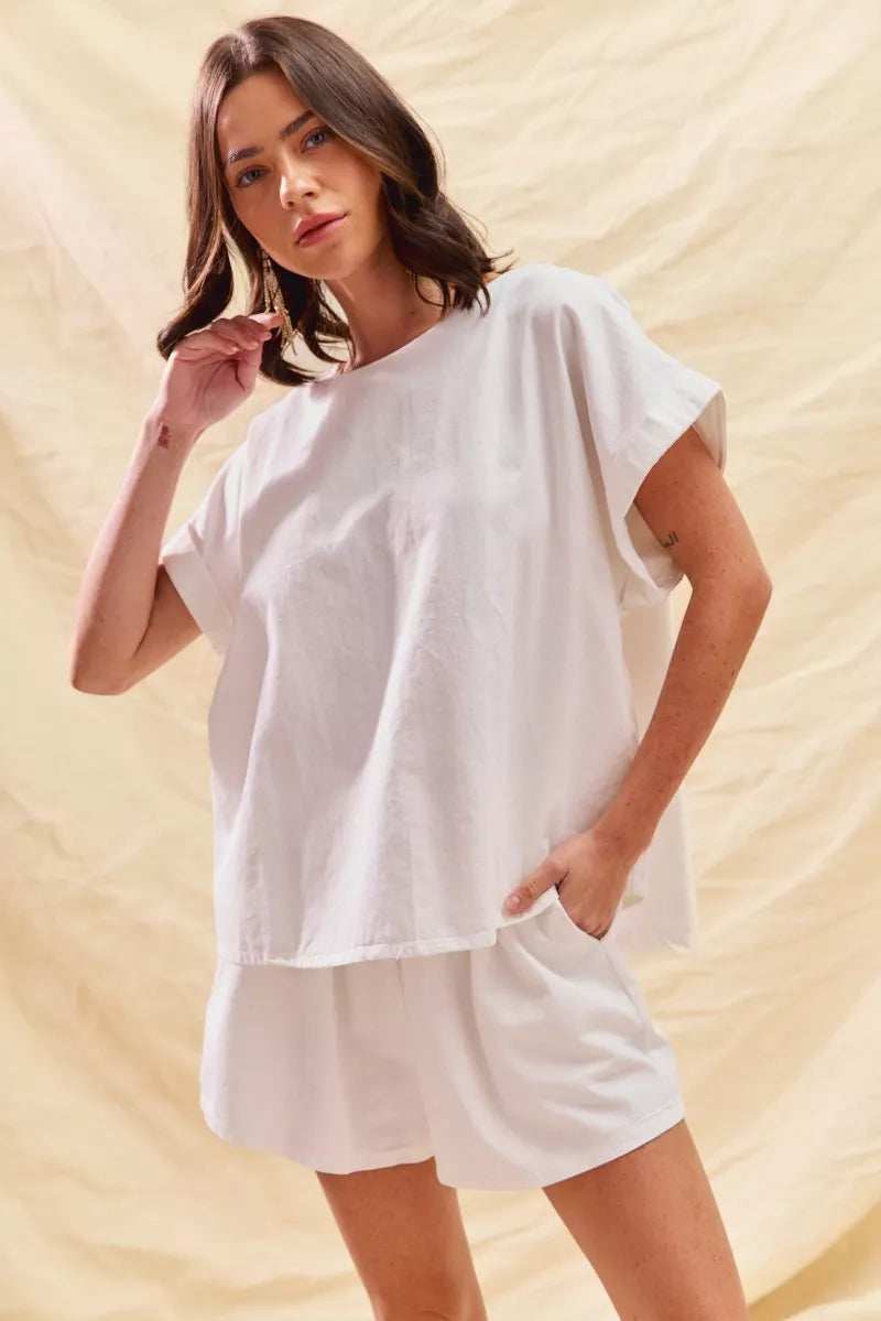SO ME Round Neck Short Sleeve Top and Shorts Set - Trendsi - Flyclothing LLC