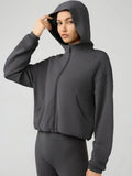 Zip Up Dropped Shouder Active Hooded - Trendsi
