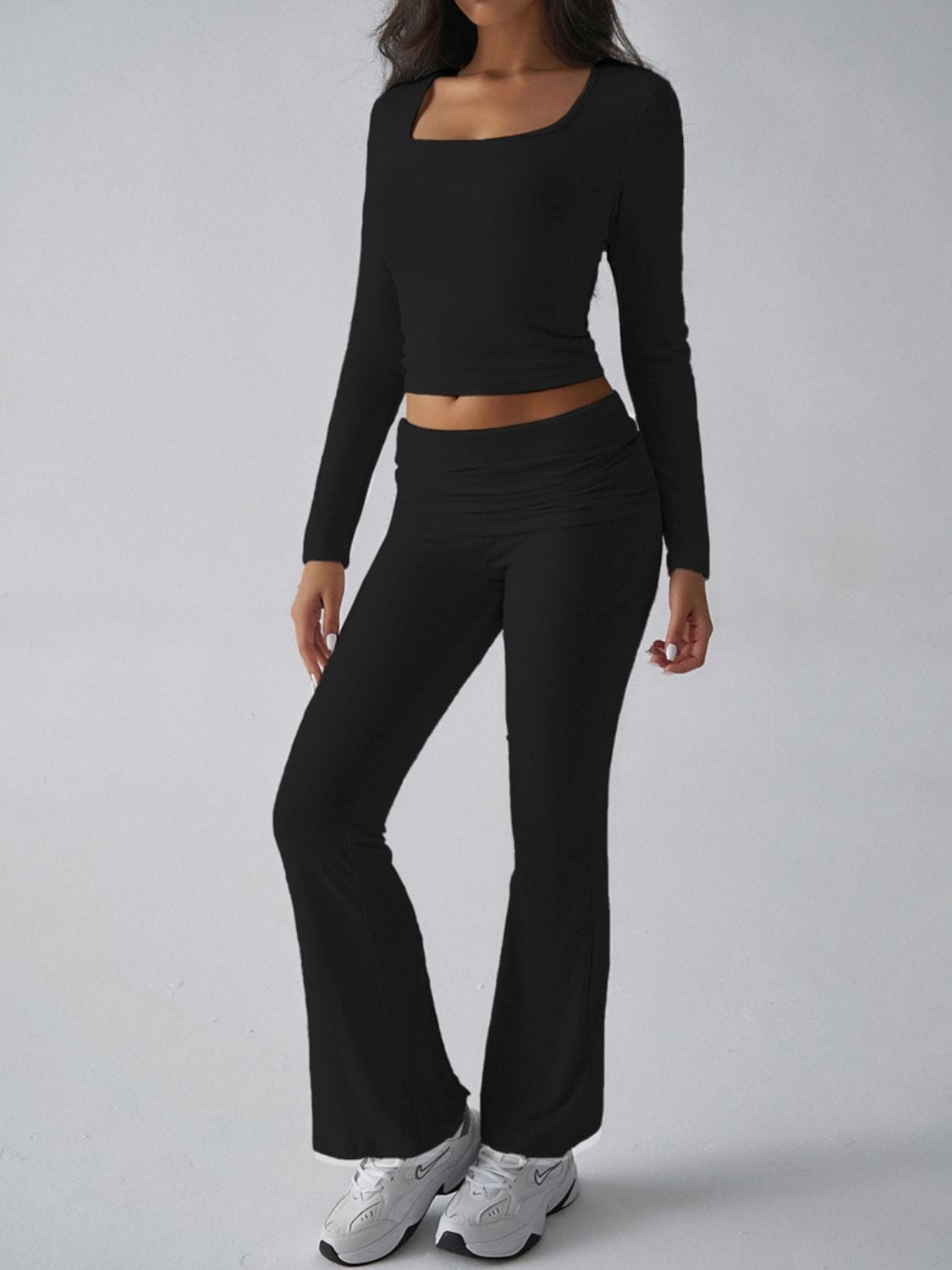 Devine Square Neck Long Sleeve Top and Pants Set - Trendsi