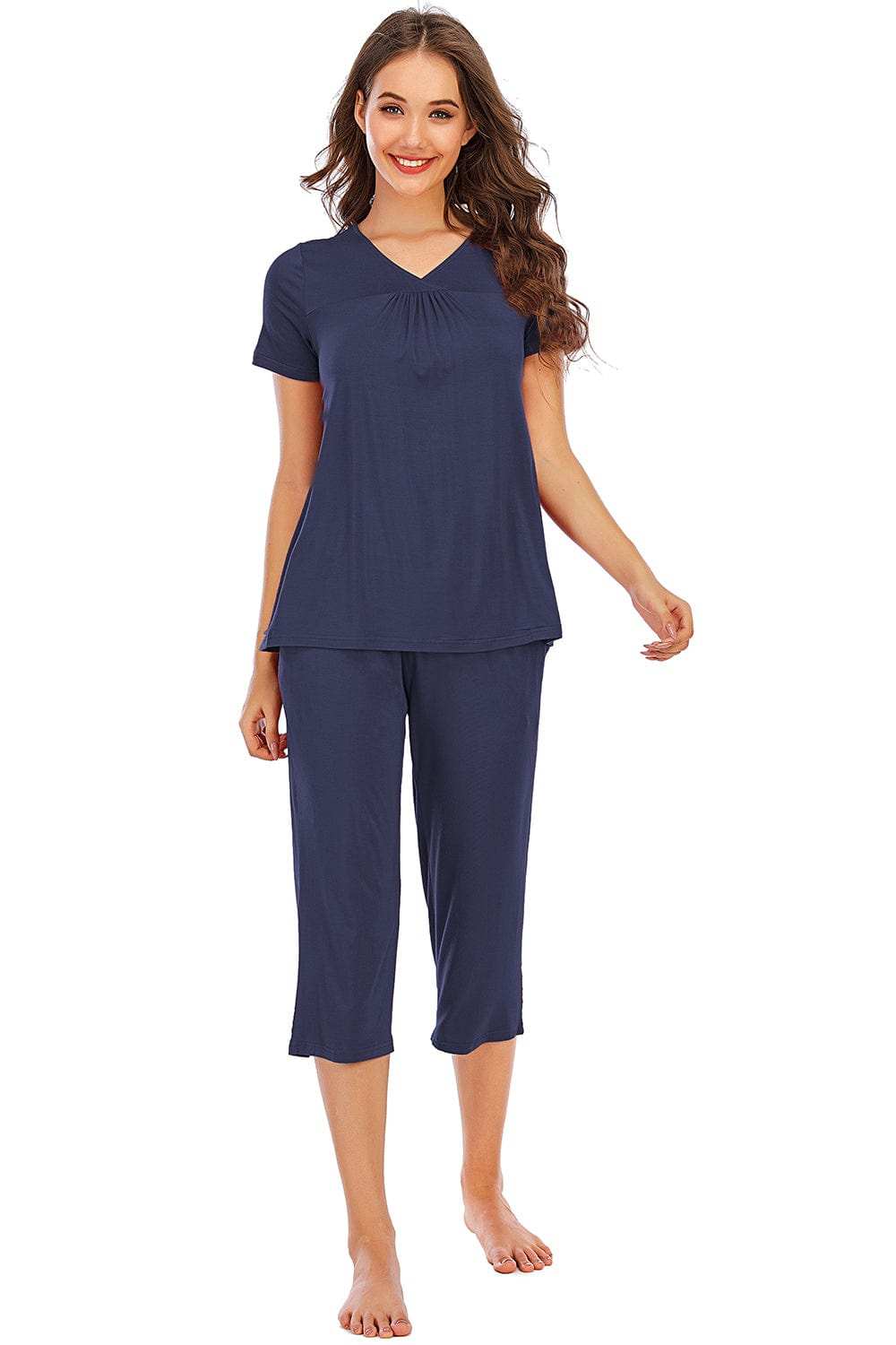 V-Neck Short Sleeve Top and Pants Lounge Set - Trendsi - Flyclothing LLC