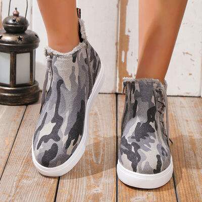 Lace-Up Round Toe Canvas Boots with Side Zip - Trendsi - Flyclothing LLC