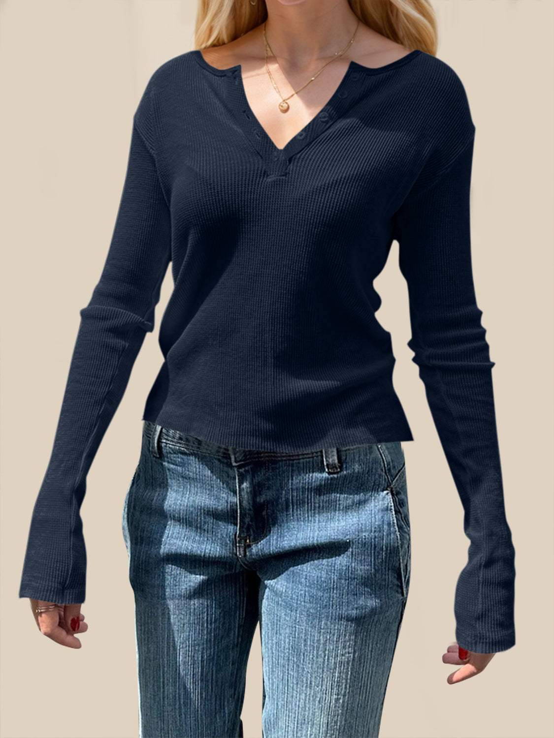 Devine Quarter Button Long Sleeve T-Shirt - Trendsi - Flyclothing LLC