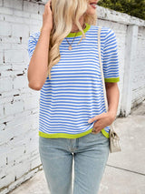 Lovelet Striped Contrast Round Neck Half Sleeve Knit Top - Trendsi - Flyclothing LLC