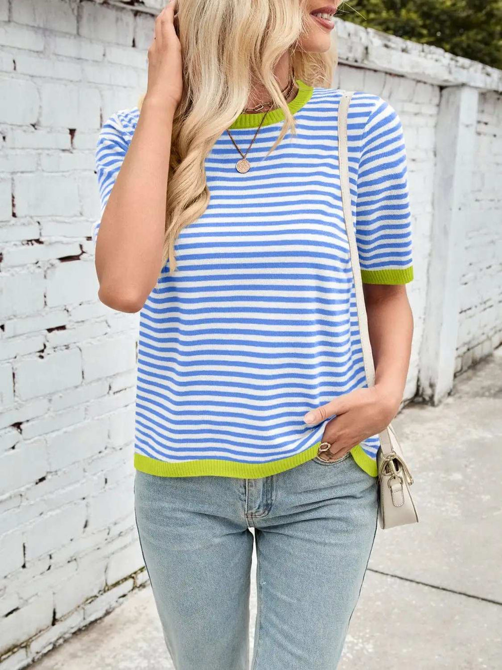 Lovelet Striped Contrast Round Neck Half Sleeve Knit Top - Trendsi - Flyclothing LLC