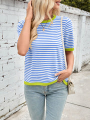Lovelet Striped Contrast Round Neck Half Sleeve Knit Top - Trendsi