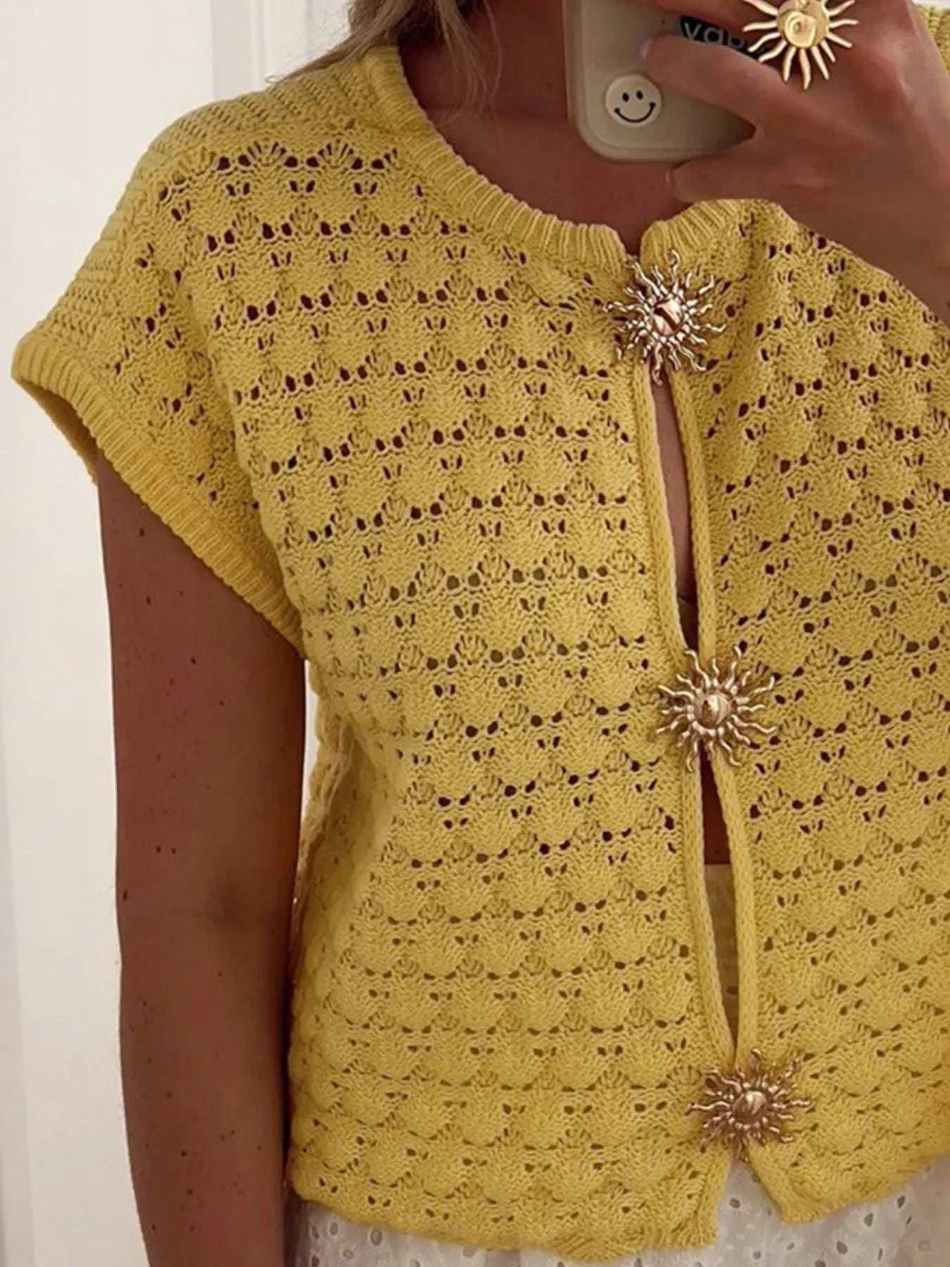 Crochet Short Sleeve Button Front Cardigan - Trendsi - Flyclothing LLC