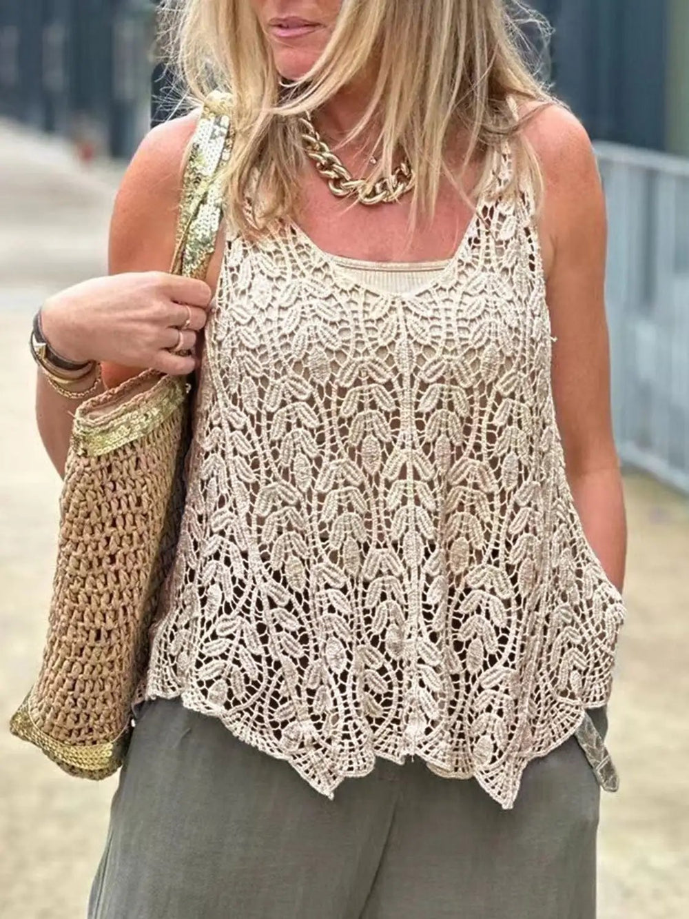 Cutout Scoop Neck Sleeveless Knit Cover Up - Trendsi