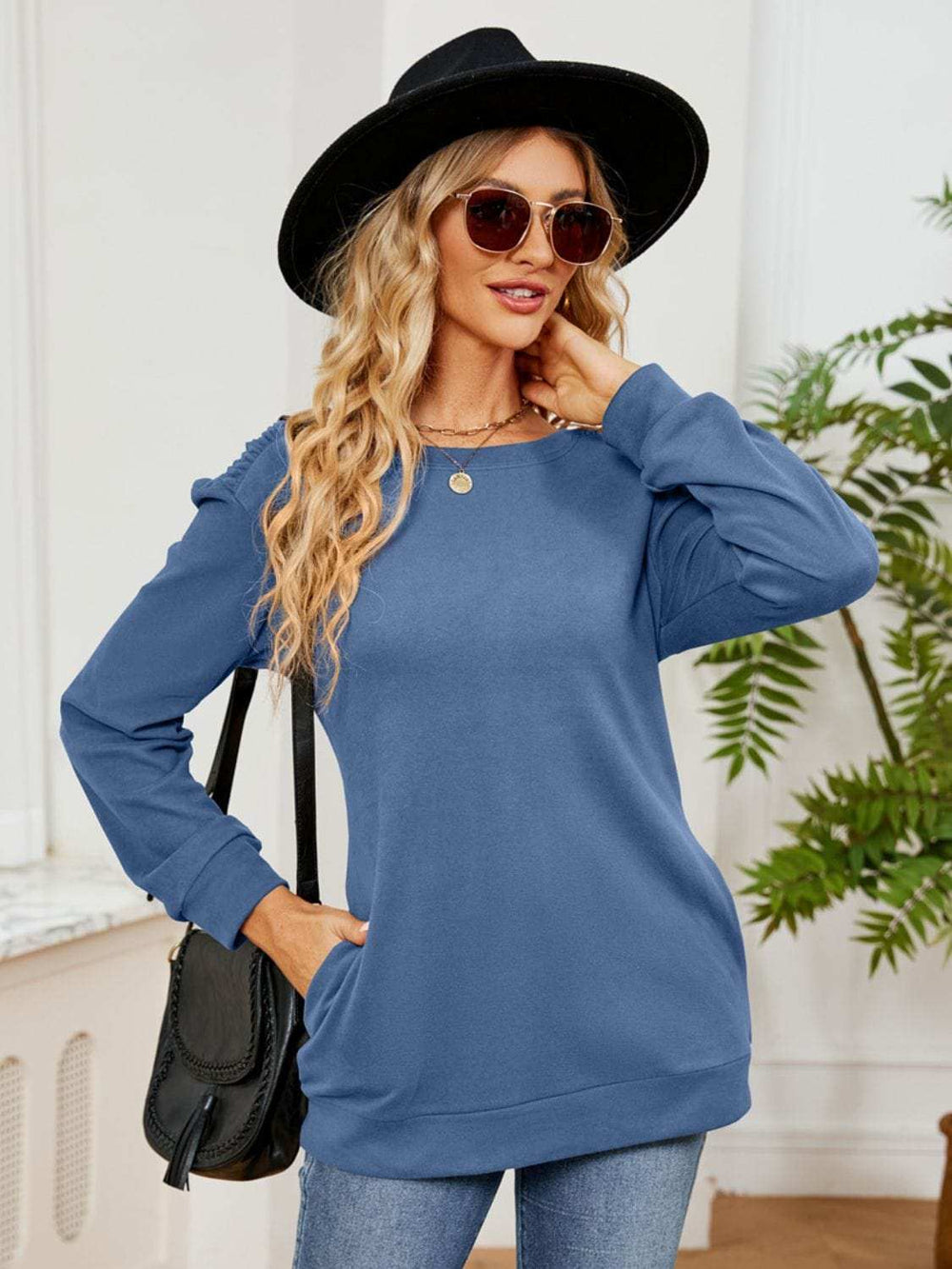 Ruched Shoulder Round Neck Long Sleeve Sweatshirt - Trendsi - Flyclothing LLC