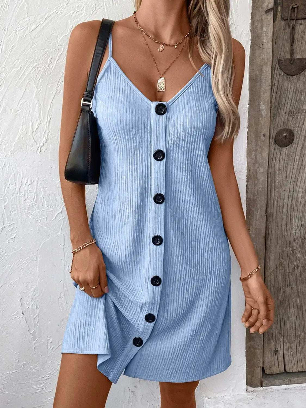 Textured V-Neck Sleeveless Mini Cami Dress - Trendsi - Flyclothing LLC