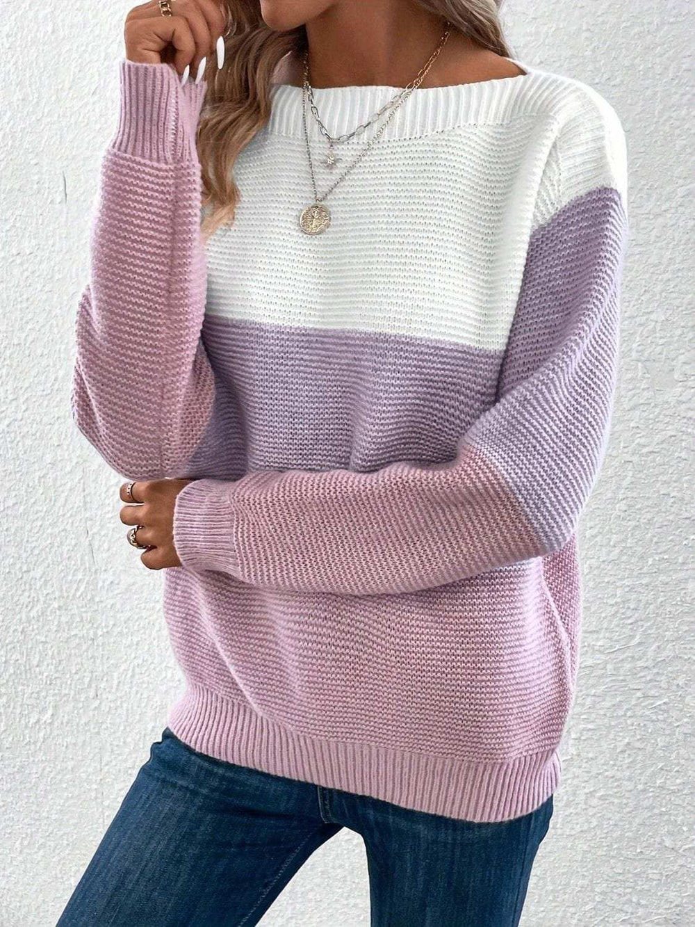 Color Block Boat Neck Sweater - Trendsi - Flyclothing LLC