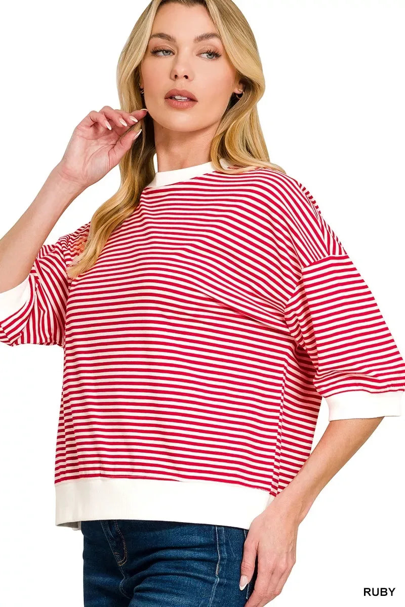 Zenana Striped Contrast Trim Banded Bottom Top - Trendsi - Flyclothing LLC