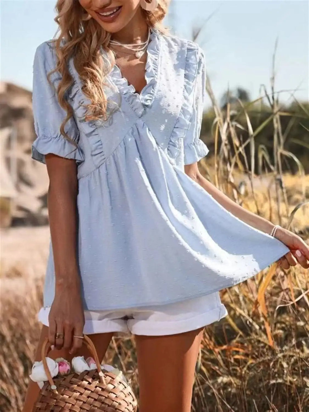 Frill V-Neck Short Sleeve Blouse - Trendsi