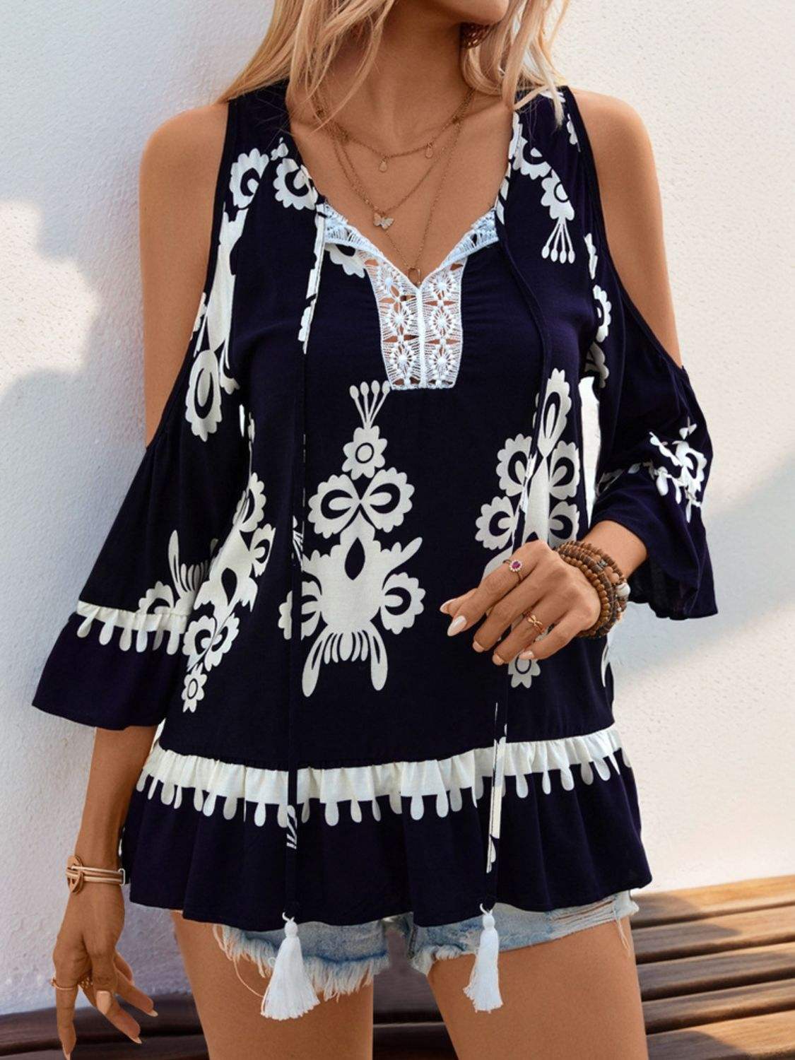 Tassel Printed Tie Neck Cold Shoulder Blouse - Trendsi - Flyclothing LLC