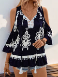 Tassel Printed Tie Neck Cold Shoulder Blouse - Trendsi