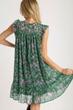 Umgee Full Size Smocked Detail Floral Metallic Ruffle Cap Sleeve Dress Plus Size - Trendsi