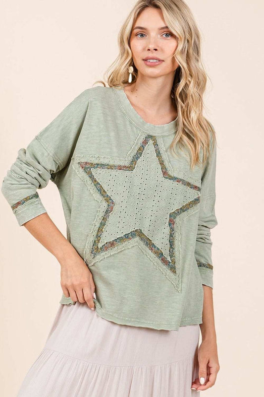 Mittoshop Mineral Wash Star Patch Long Sleeve T-Shirt - Trendsi - Flyclothing LLC