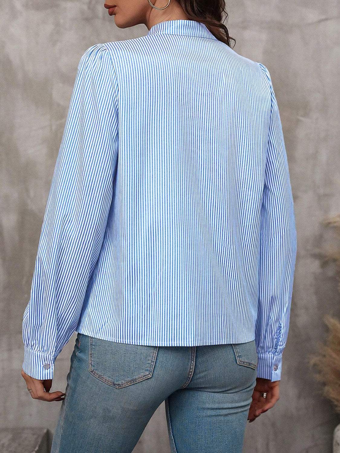 Striped Tie Neck Long Sleeve Blouse - Trendsi - Flyclothing LLC
