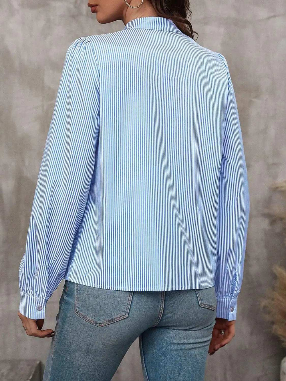 Striped Tie Neck Long Sleeve Blouse - Trendsi - Flyclothing LLC
