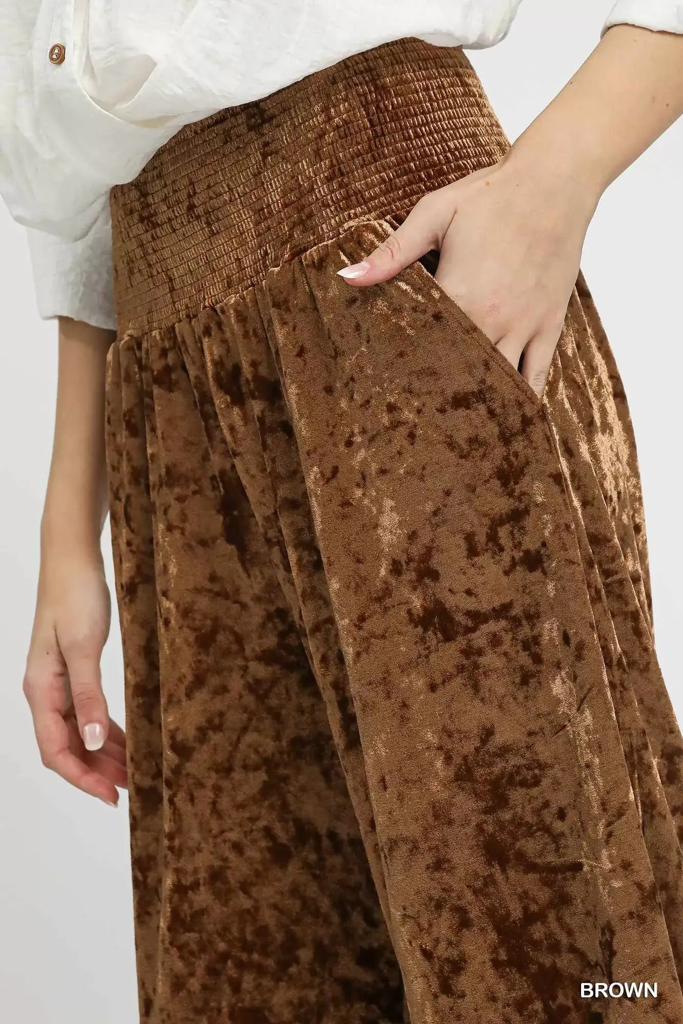 Umgee Velvet Smocked Waistband Wide Leg Pants - Trendsi - Flyclothing LLC