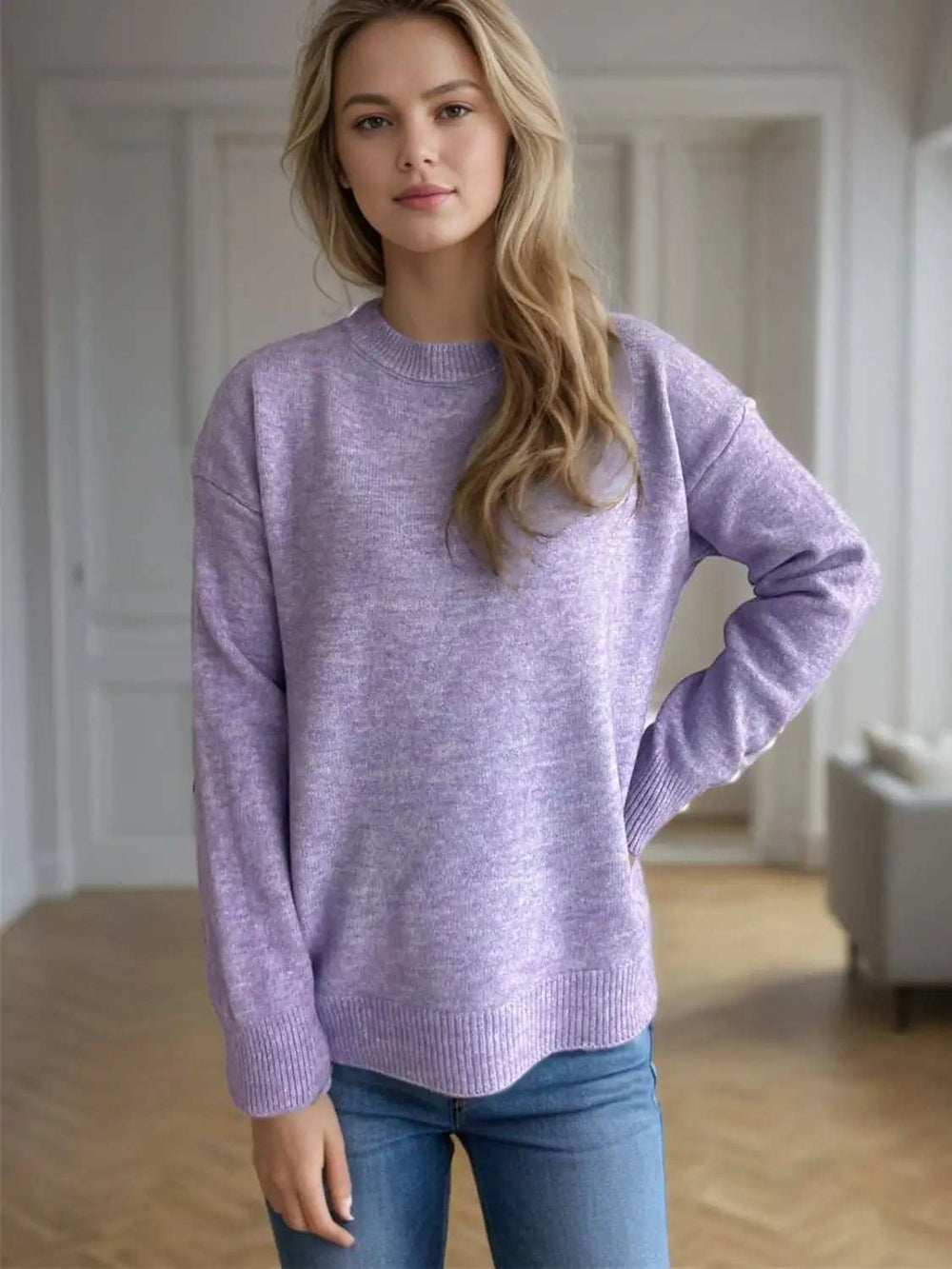Round Neck Drop Shoulder Long Sleeve Sweater - Trendsi - Flyclothing LLC