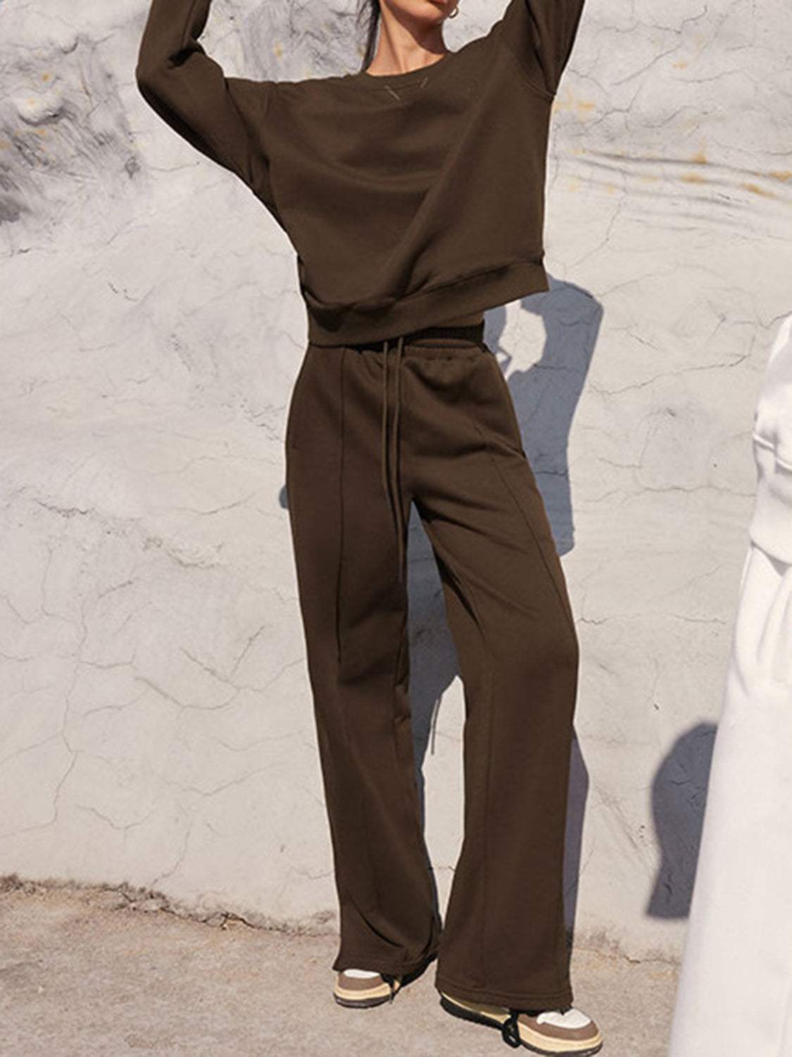 Round Neck Long Sleeve Top and Elastic Waist Pants Set - Trendsi - Flyclothing LLC