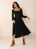 Lace-Up Square Neck Long Sleeve Midi Dress - Trendsi - Flyclothing LLC