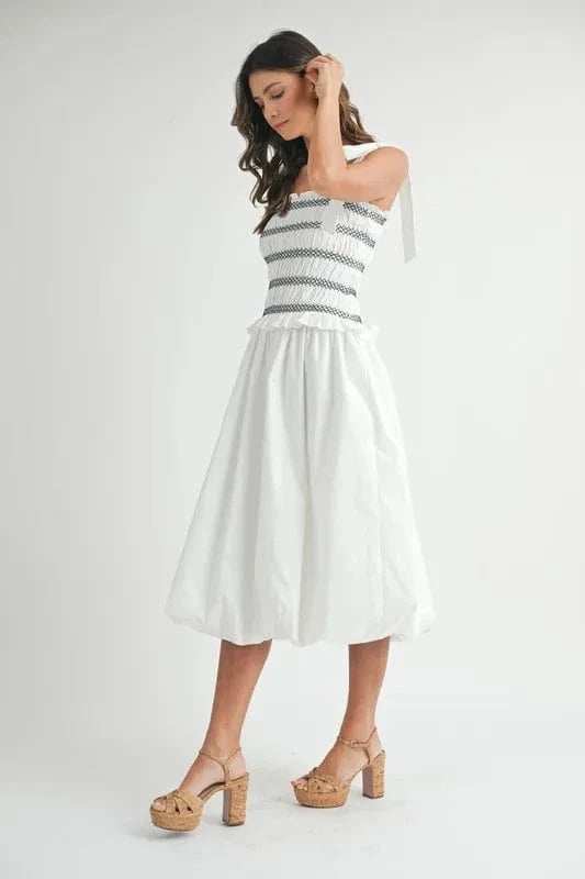 MABLE Smocked Bodice Bubble Midi Dress - Trendsi - Flyclothing LLC