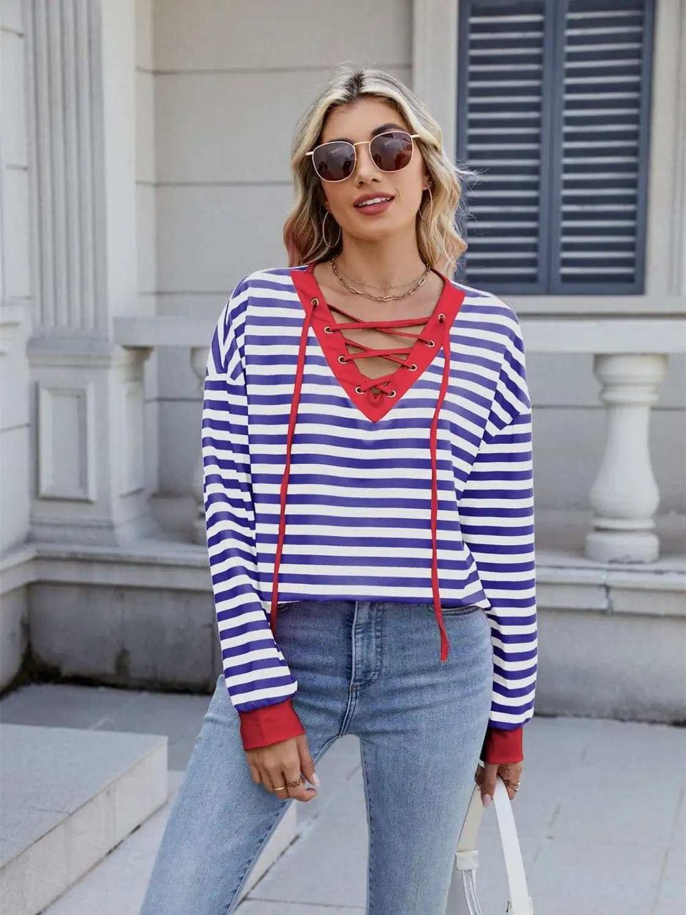 Lace-Up Striped Long Sleeve T-Shirt - Trendsi - Flyclothing LLC