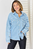 PEACE Raw Hem Dropped Shoulder Denim Top - Trendsi
