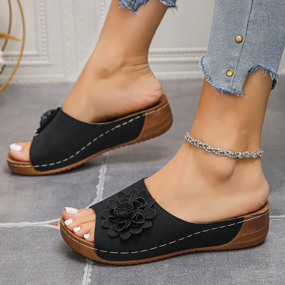 Flower Peep Toe Wedge Sandals - Trendsi - Flyclothing LLC