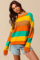 SO ME Multi Color Stripe Sweater with Ribbed Detail - Trendsi - Flyclothing LLC