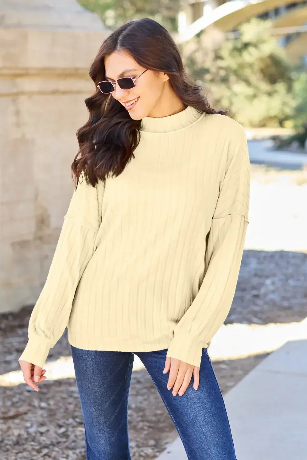 Basic Bae Full Size Ribbed Exposed Seam Mock Neck Knit Top - ShopBasicbae - Flyclothing LLC