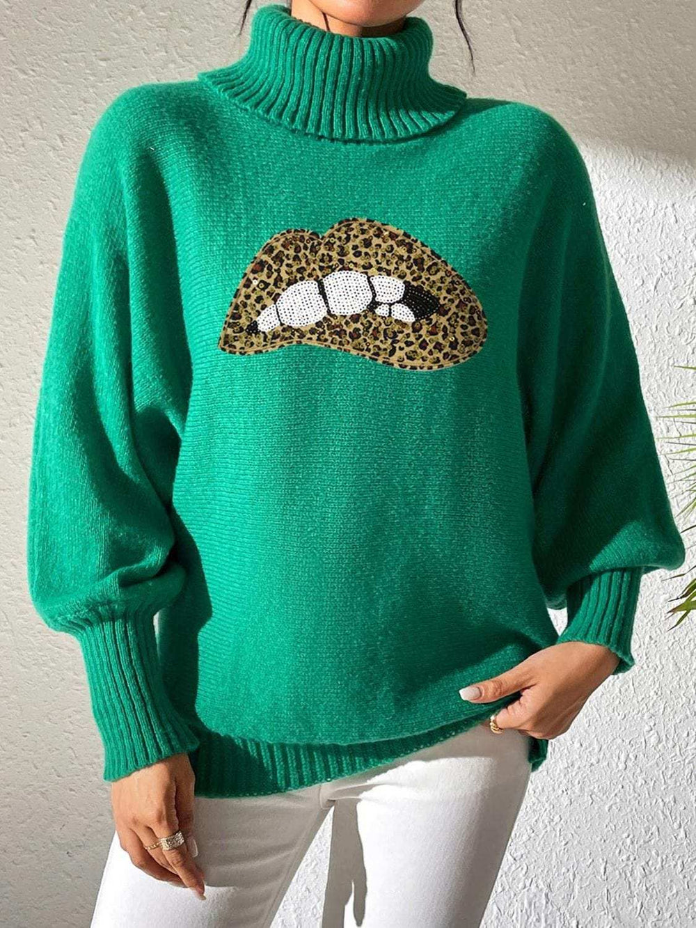 Lip Turtleneck Long Sleeve Sweater - Trendsi - Flyclothing LLC