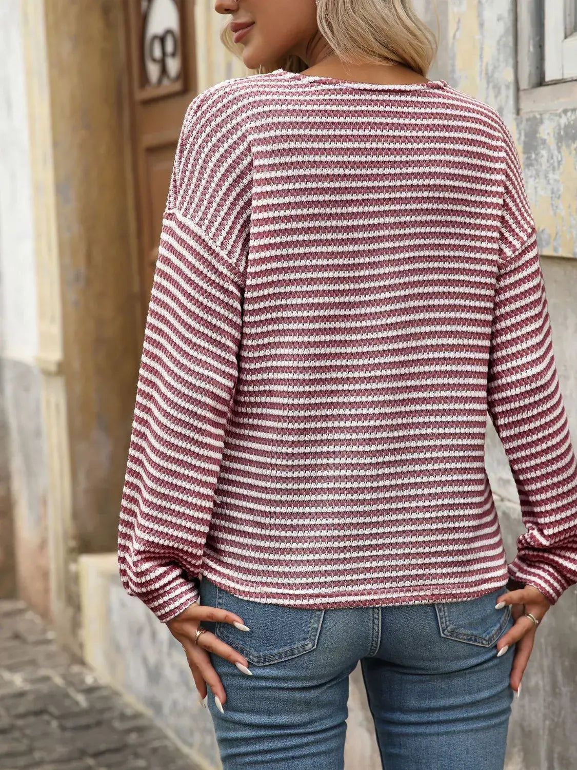 Striped Button Detail Long Sleeve T-Shirt - Trendsi - Flyclothing LLC