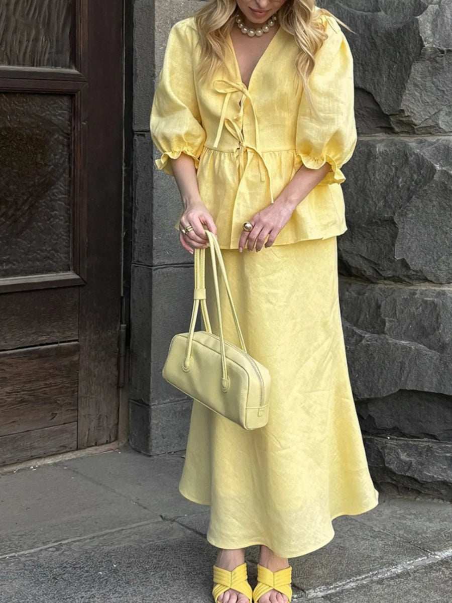 Tie Front Peplum Top and Skirt Set - Trendsi - Flyclothing LLC