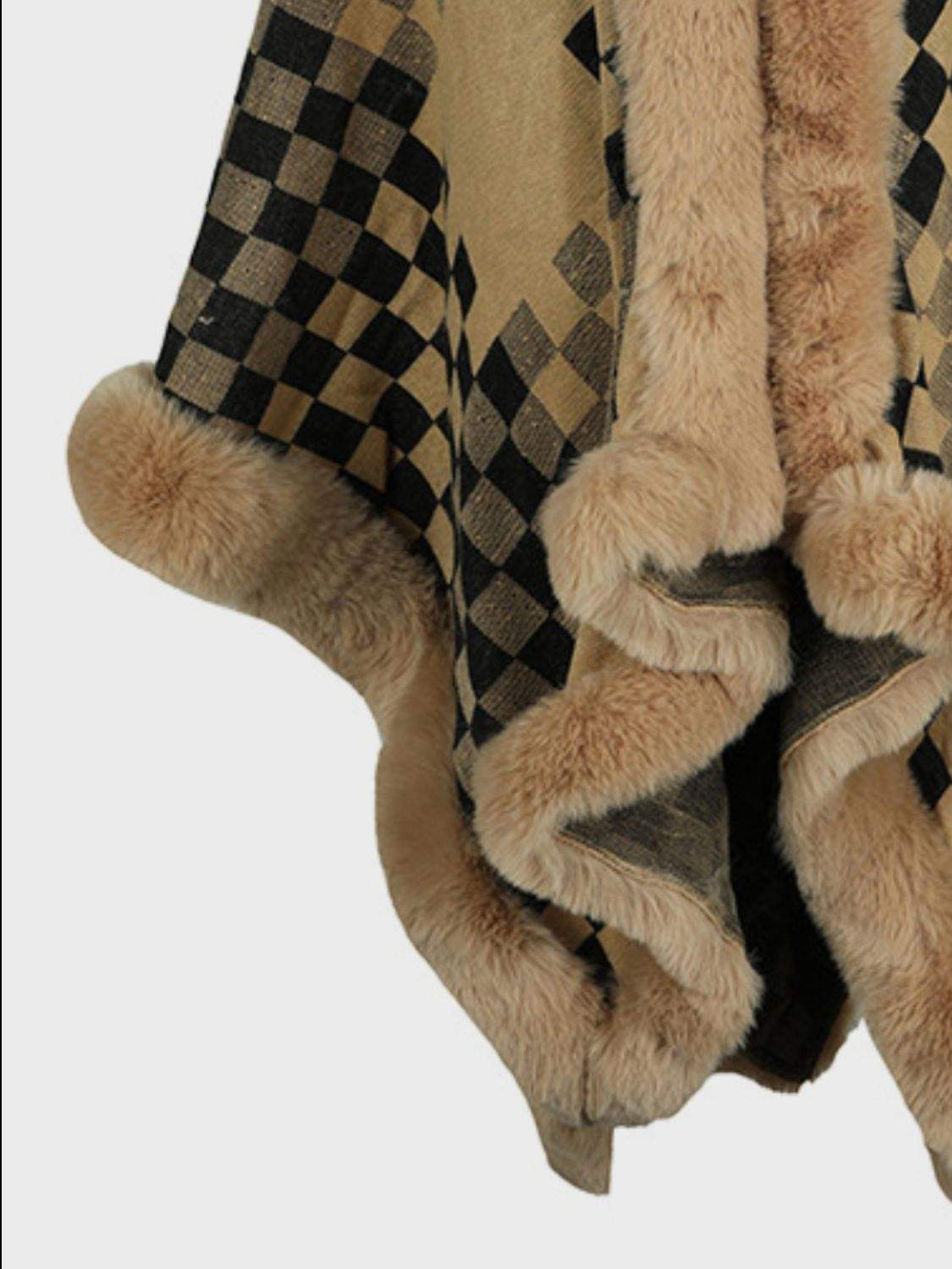 Fuzzy Checkered Long Sleeve Poncho - Trendsi - Flyclothing LLC
