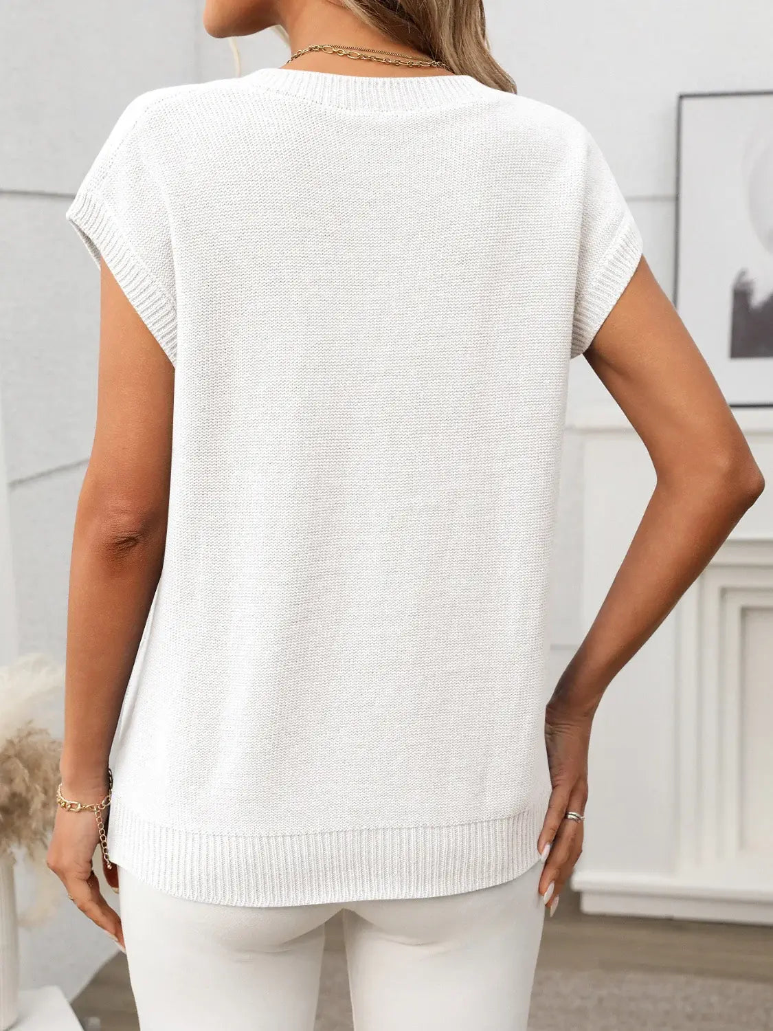 Cable-Knit V-Neck Short Sleeve Knit Top - Trendsi - Flyclothing LLC