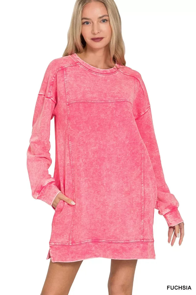 Zenana French Terry Acid Washed Dress with Pockets - Trendsi - Flyclothing LLC