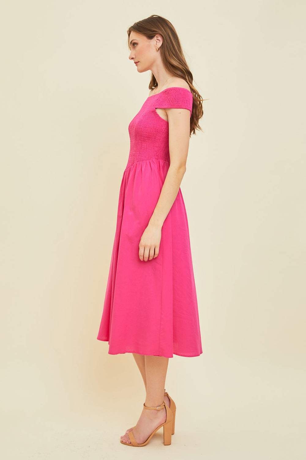 HEYSON Off-Shoulder Smocked Midi Dress - Trendsi - Flyclothing LLC