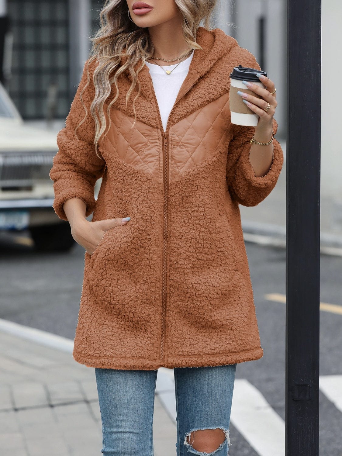 Fuzzy Zip Up Long Sleeve Hooded Jacket - Trendsi