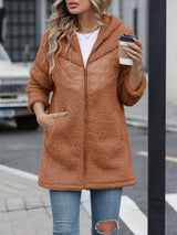 Fuzzy Zip Up Long Sleeve Hooded Jacket - Trendsi - Flyclothing LLC
