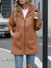 Fuzzy Zip Up Long Sleeve Hooded Jacket - Trendsi