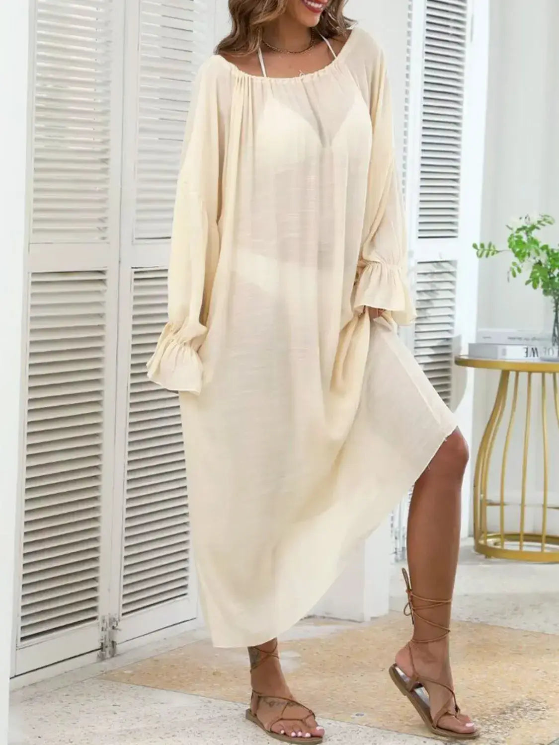 Backless Drawstring Back Flounce Sleeve Cover-Up - Trendsi - Flyclothing LLC