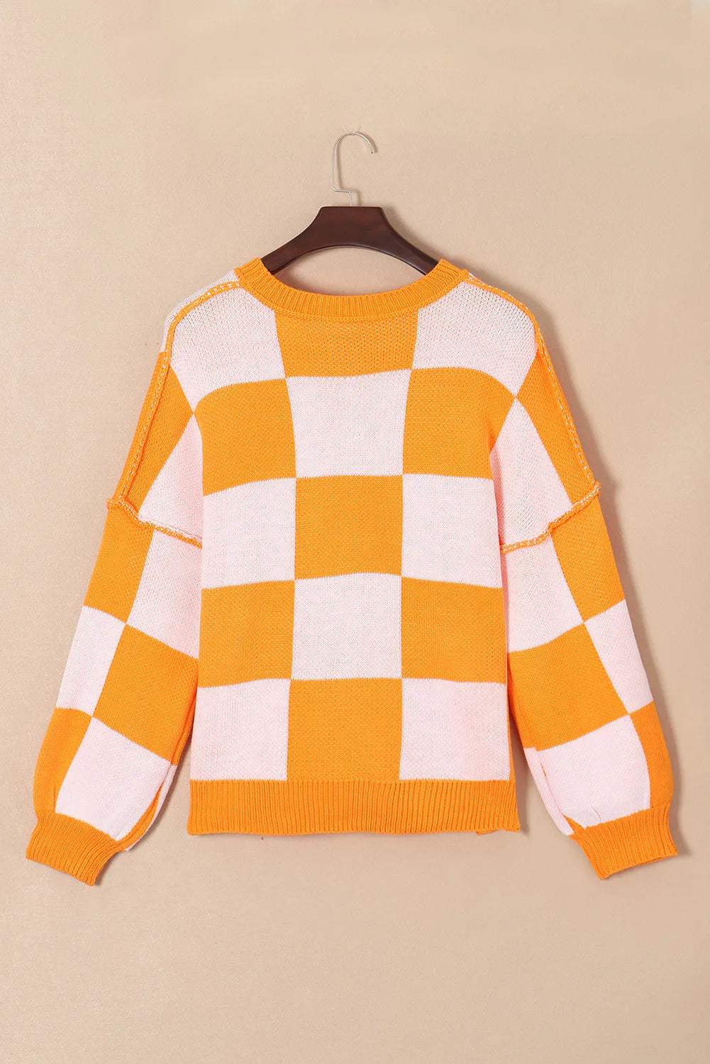 Pumpkin Checkered Round Neck Long Sleeve Sweater - Trendsi - Flyclothing LLC