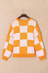Pumpkin Checkered Round Neck Long Sleeve Sweater - Trendsi - Flyclothing LLC