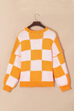 Pumpkin Checkered Round Neck Long Sleeve Sweater - Trendsi