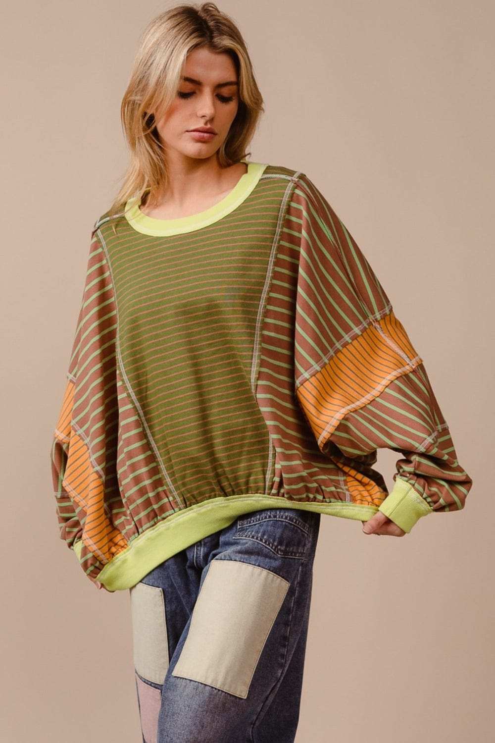BiBi Color Block Striped Round Neck Sweatshirt - Trendsi - Flyclothing LLC