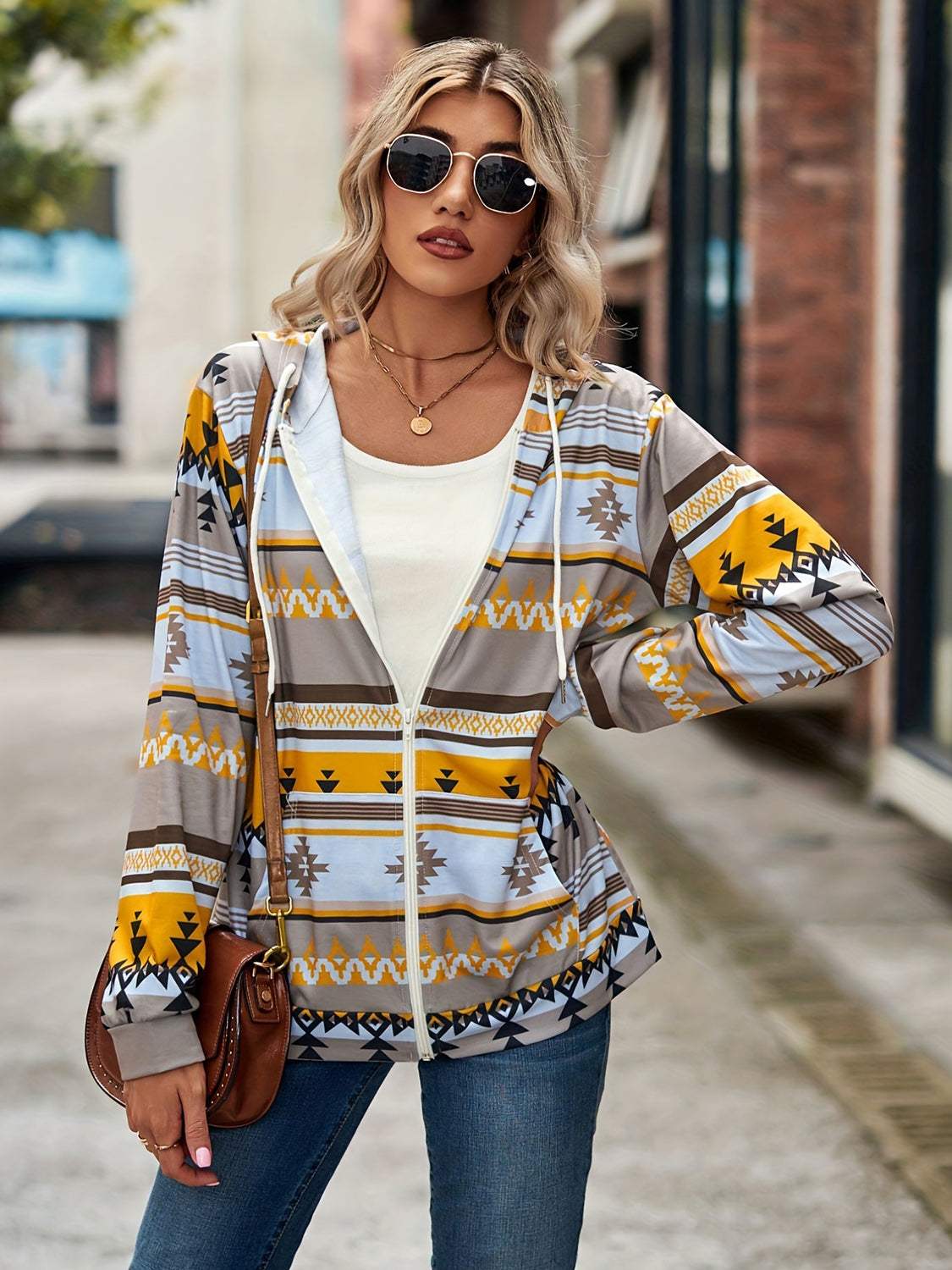 Geometric Zip Up Long Sleeve Hooded Jacket - Trendsi - Flyclothing LLC