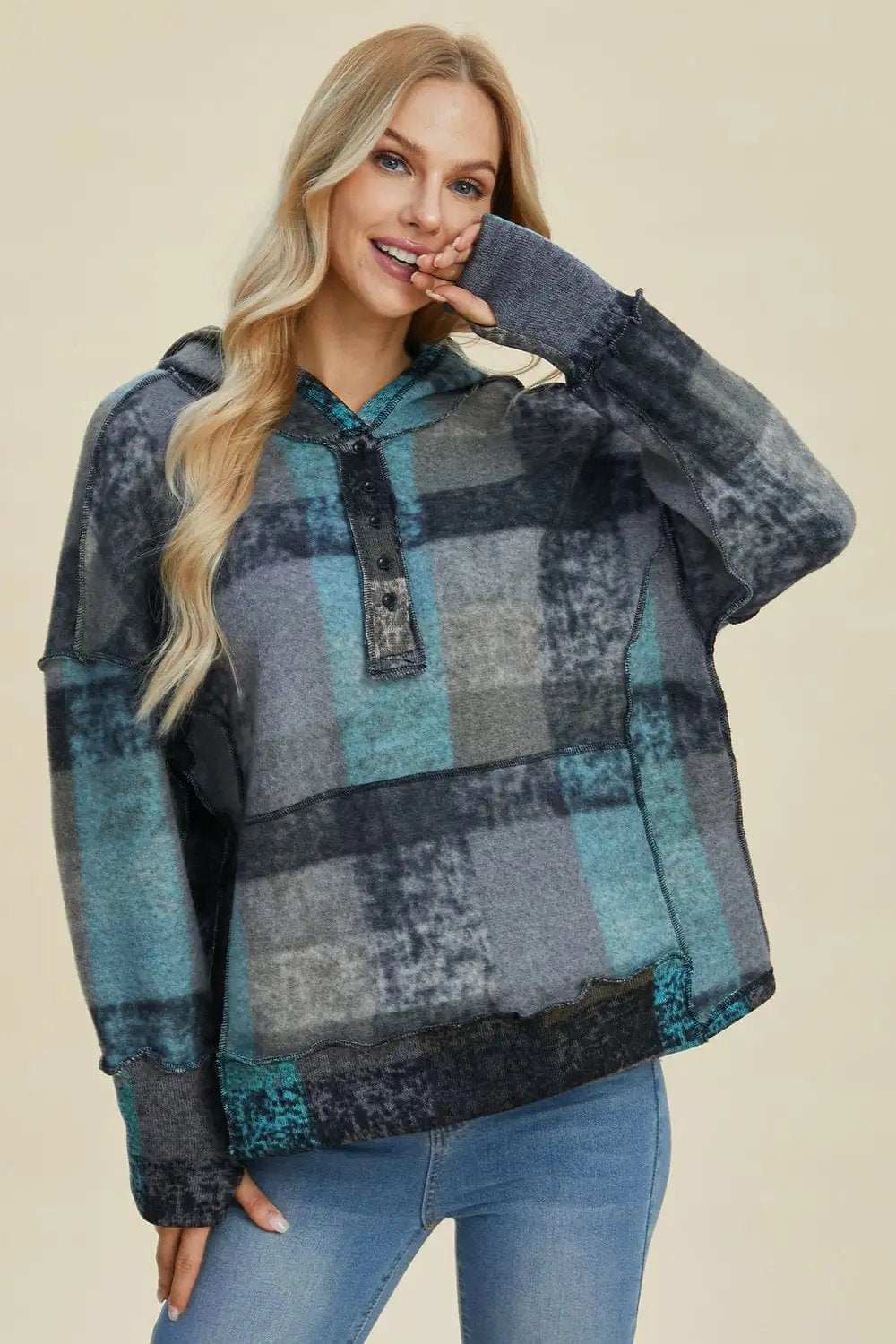 Double Take Full Size Plaid Dropped Shoulder Hoodie - Trendsi - Flyclothing LLC